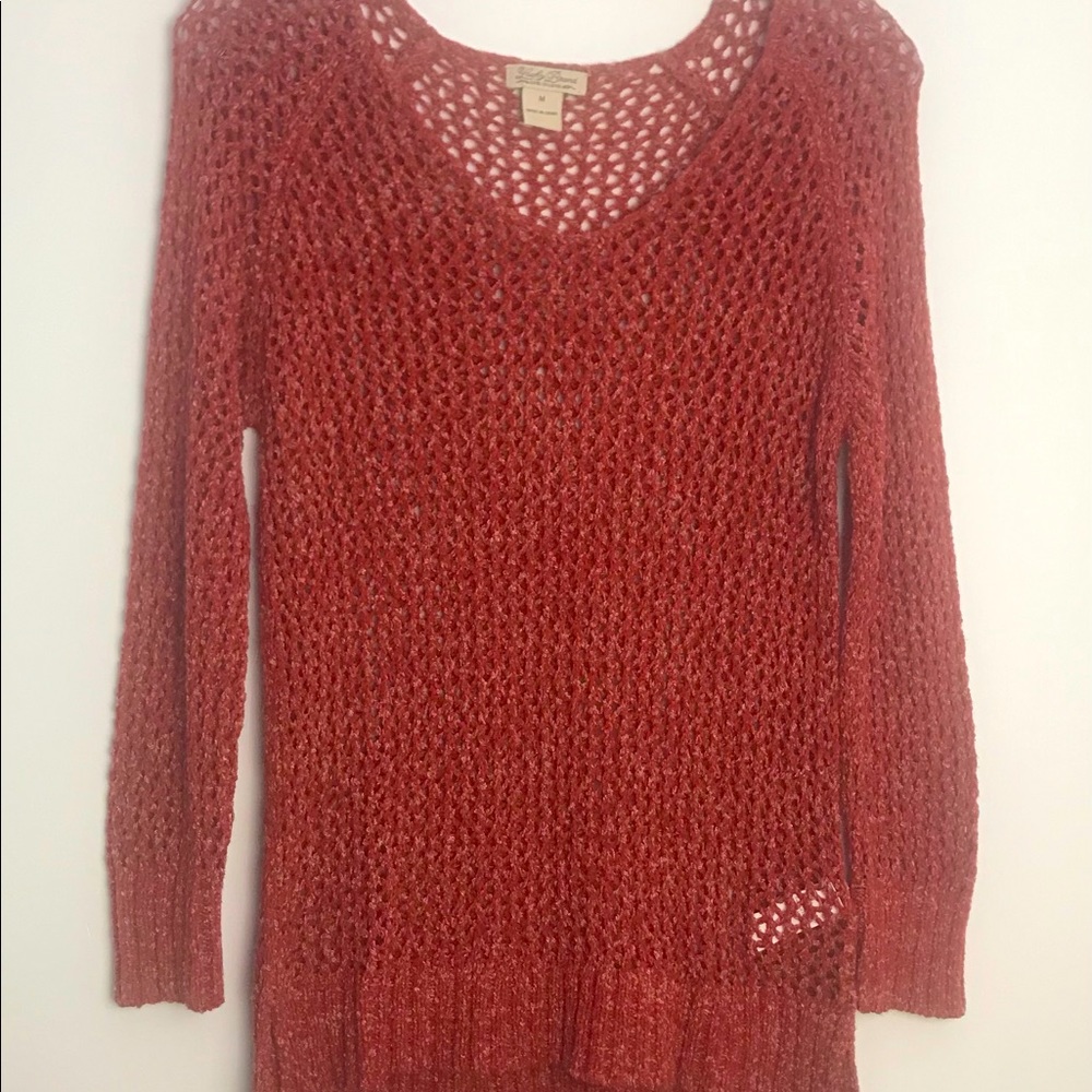 Lucky Brand Women's Medium Rust Red Crochet Knitted Sweater Top